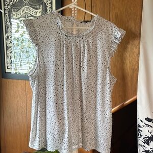 Adrianna Papell White Black Polka Dot Pleated Ruffle Blouse XL